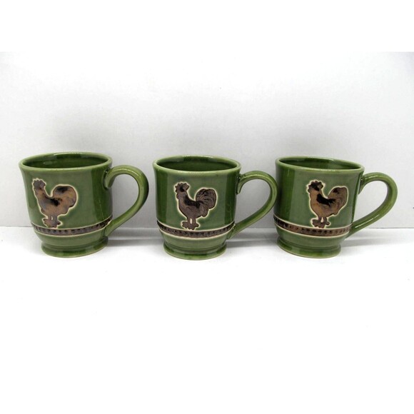 Cracker Barrel Elegant Rooster Green 4"  Mugs  Set Of 3 - Picture 3 of 9